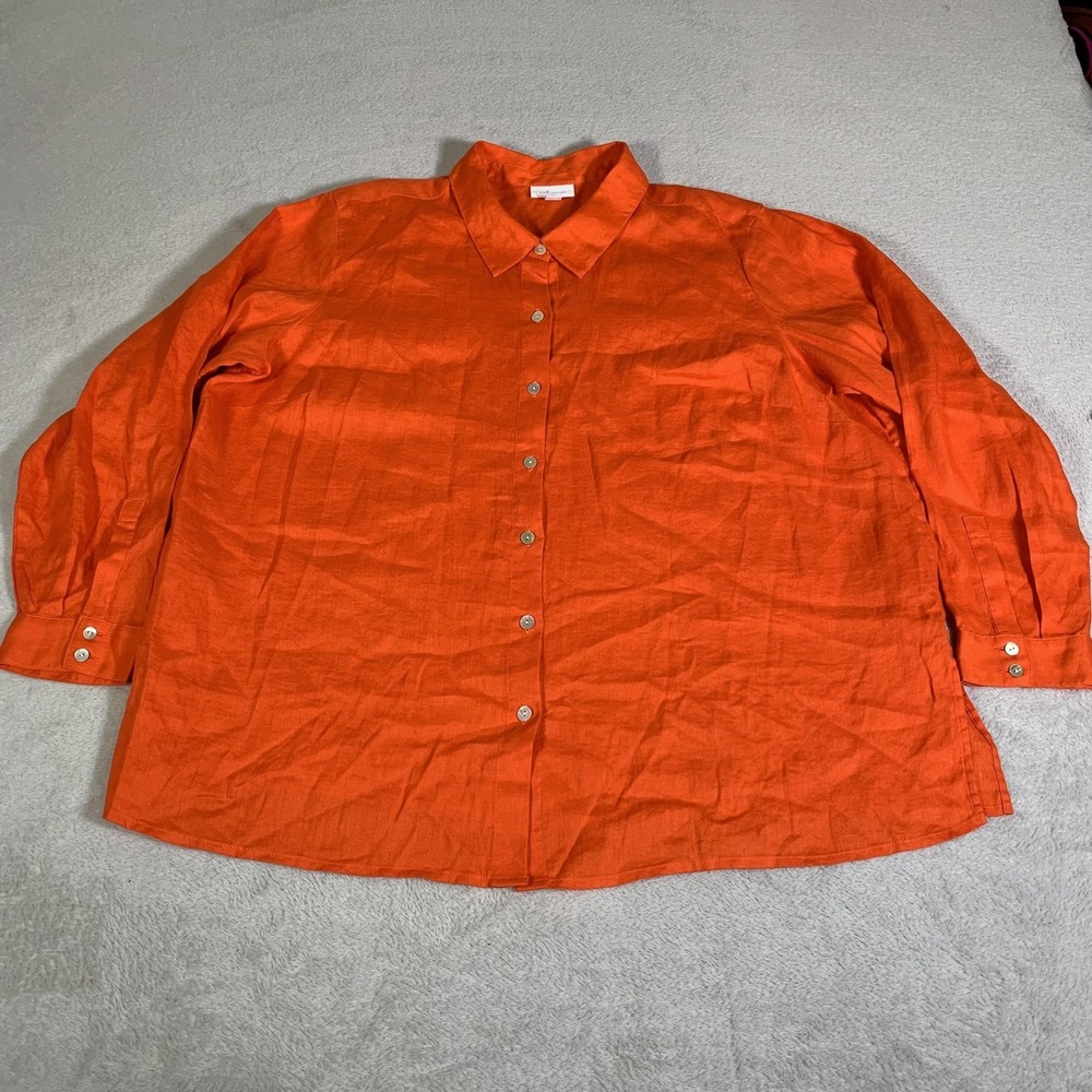 J Jill Shirt Womens Petite XL Orange Long Sleeve Linen Button Front Tunic Top